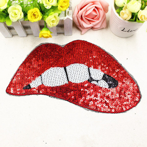 1Pcs embroidered clothes sew on patches lipstick red lips sequined clothing applique for shoes hats clothes decorations