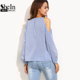 SheIn Womens Tops Fashion 2016 Ladies Casual Blouses For Autumn Blue Striped V Neck Cold Shoulder Long Sleeve Blouse