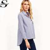 Sheinside Womens Fashion Clothing Embroidered Womens Shirts Blue Vertical Striped High Low Embroidered Blouse