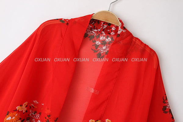 Summer Style Fashion Women's Vintage Flower Print Red Chiffon Blouse Shirt Women Loose Chiffon Kimono Cardigan